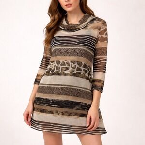 VTG Jess &‎ Jane Animal Kingdom Mesh Cowl Neck Tunic Top Brown S Y2K Festival
